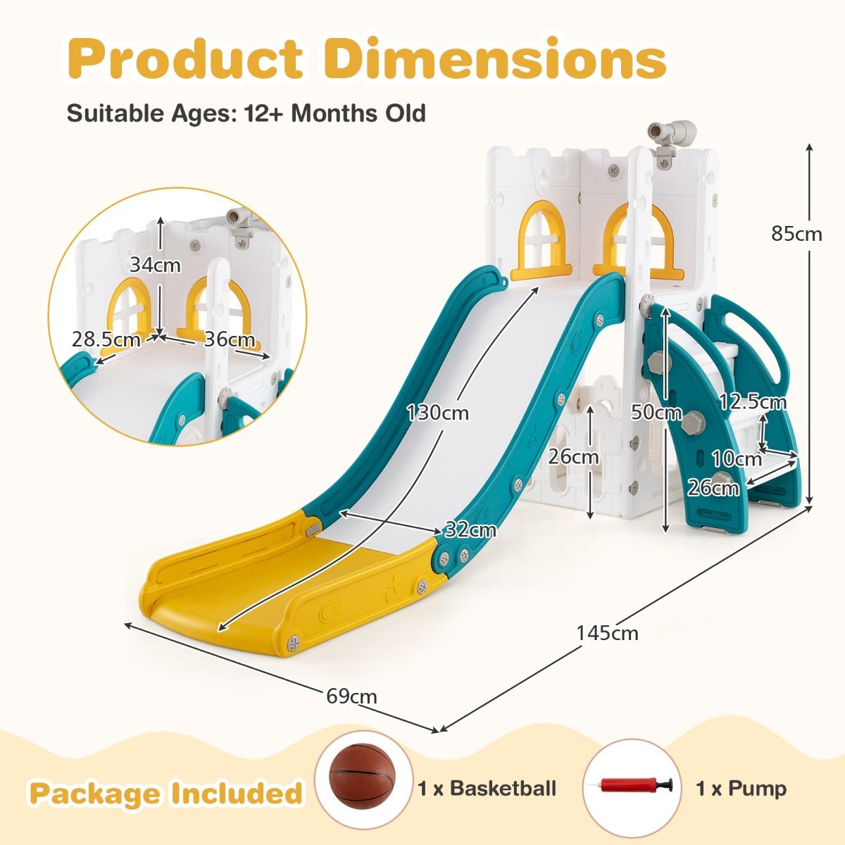 Coast 6-in-1-Kinderrutsche – mit Basketballkorb und Teleskop – L-Form – grün