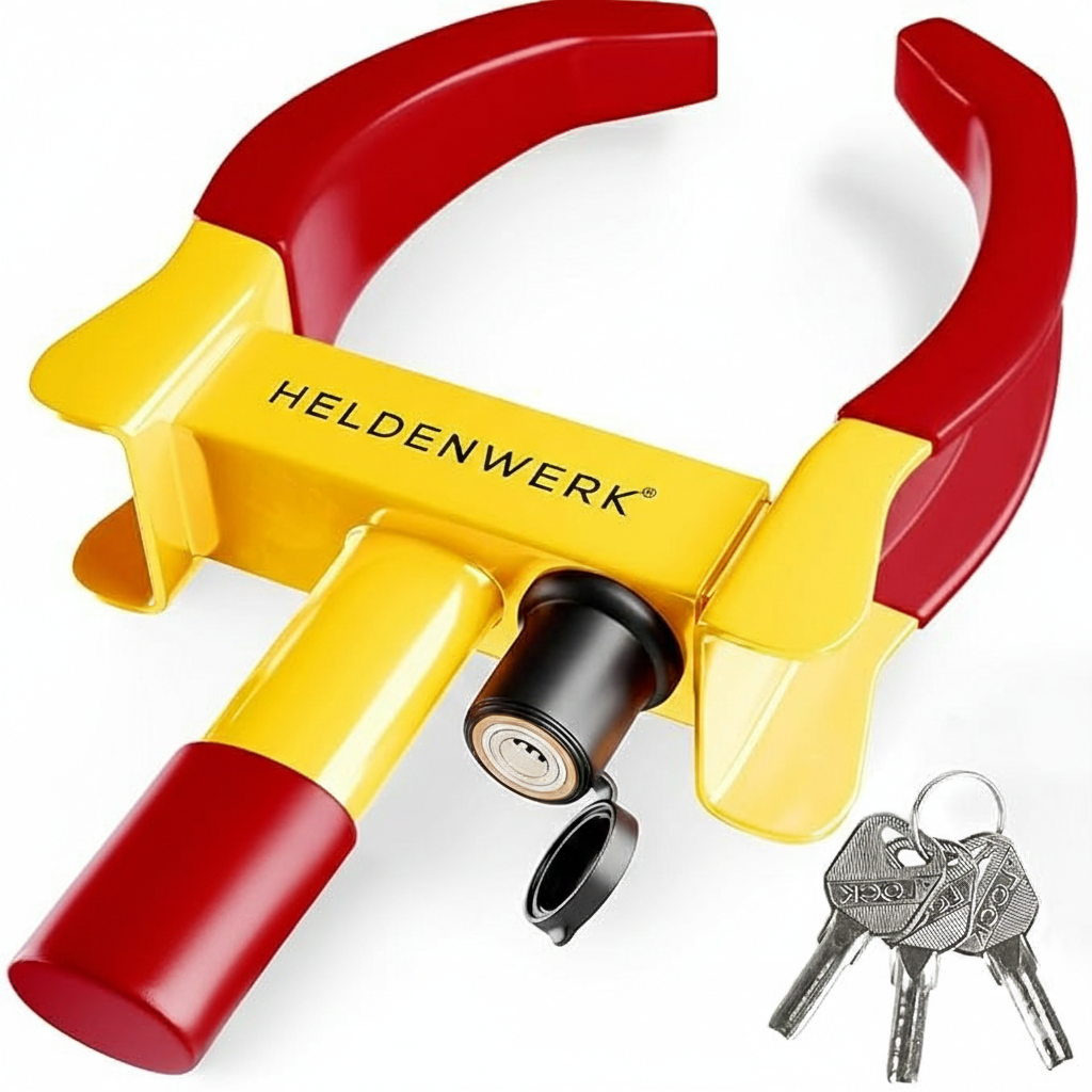 HELDENWERK Parkkralle Radklammer mit Sicherheitsschloss - 48x25x7 cm - Für 18-30 cm Reifenbreite - Mit 3 Schlüsseln - Stahl - Gelb/Rot