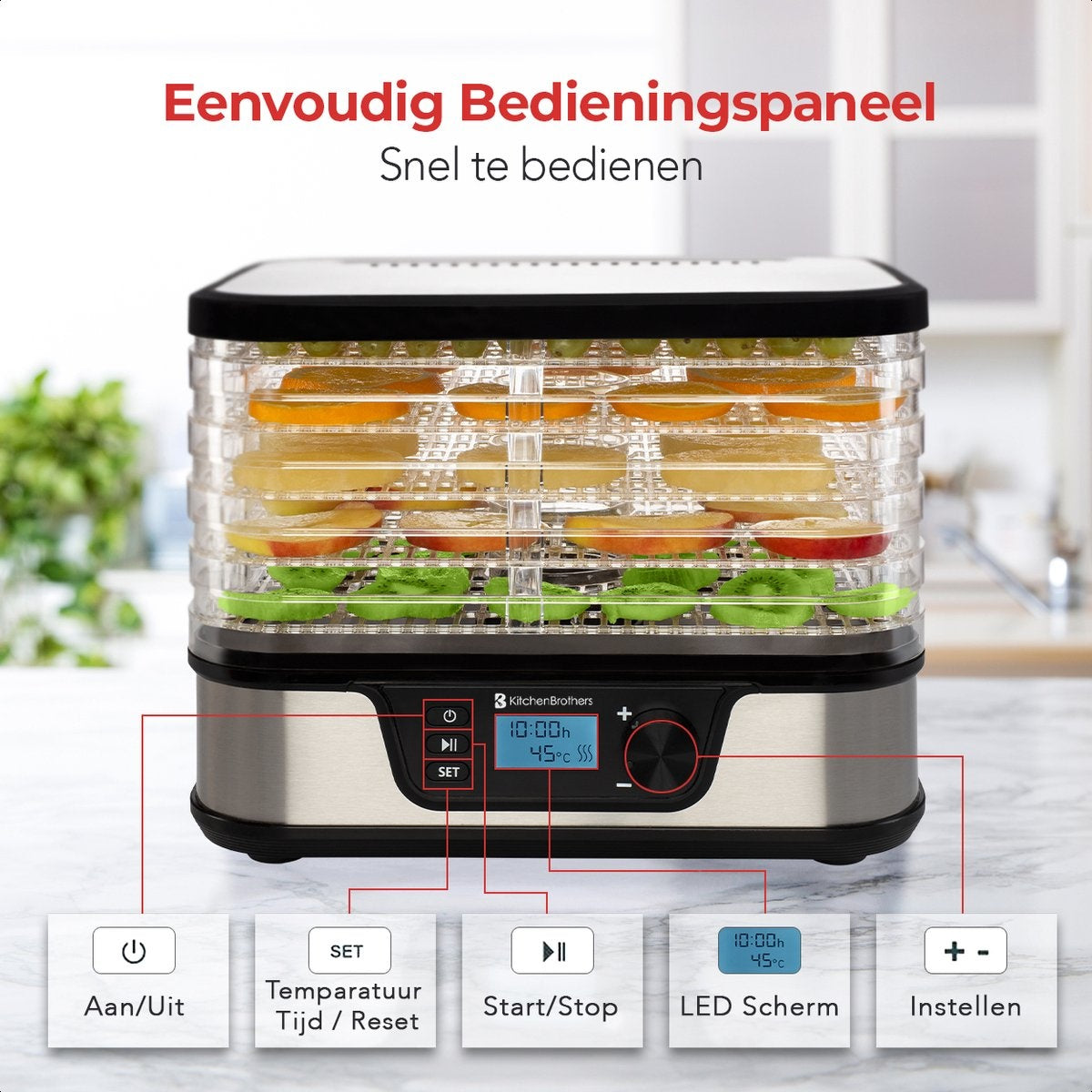 KitchenBrothers Dörrgerät - Elektrisch 380W - 5 Schichten - 9 Heizstufen - 35Â°C bis 75Â°C - LCD Display - Timer - Edelstahl/Schwarz