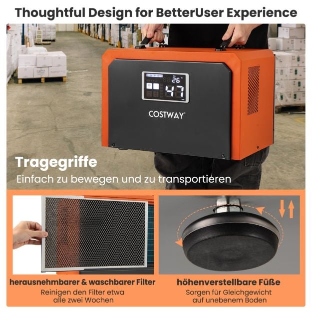 Coast Construction Dryer Orange - Industrieller Luftentfeuchter 60L pro Tag mit Ablassschlauch und 24-Stunden-Timer - 49 x 31,5 x 32 cm