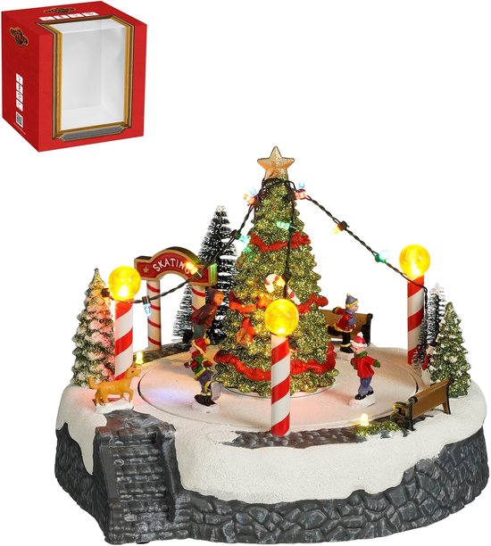Luville Weihnachtsdorf: Weihnachtsbaum-Szene mit Eislaufbahn – Weihnachtsdekoration mit beweglichen Figuren und LED-Beleuchtung – batteriebetriebene Girlande – Weihnachtsgirlanden für den Innenbereich – 22 x 22 x 18,5 cm – Weiß