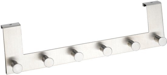 WENKO Türgarderobe Celano aus Edelstahl, 39 cm breit, mit 6 Haken – Hakenleiste – Türgarderobe – Für Aufsatz-Türen mit einer Stärke von 2 cm