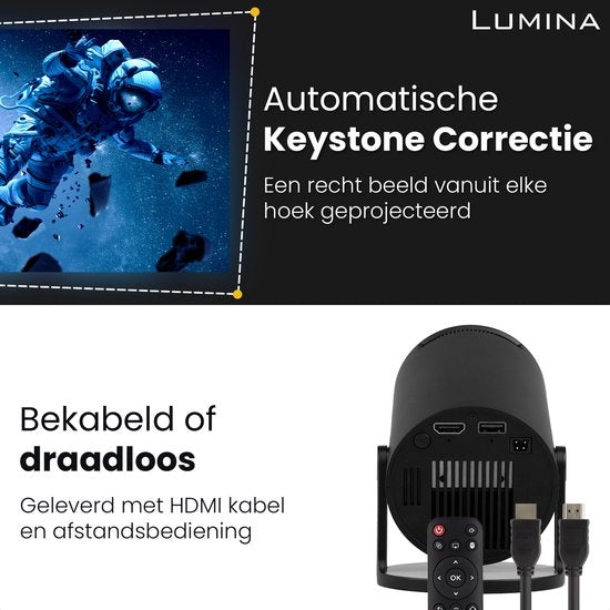 Lumina® Pro Mini Beamer 2026 - Android 14 Smart Projektor mit Google Playstore - Heimkino - Für iOS & Android - WiFi 6 & Bluetooth 5.4 - Schwarz
