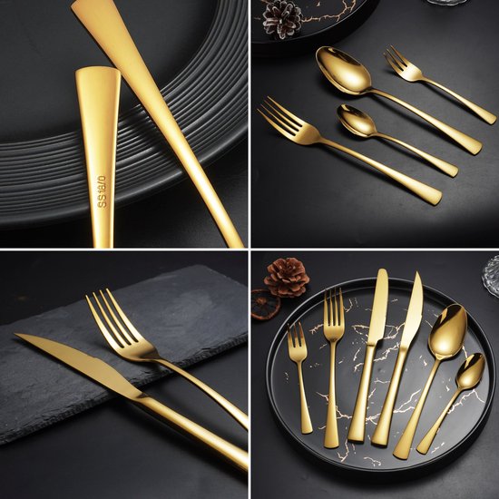 Deleca 6-Personen-Besteck-Set Harmony - Löffel, Messer, Gabeln, Steakmesser & Kuchengabeln - spülmaschinenfest - Weihnachtsgeschenk-Besteck - Gold/Edelstahl