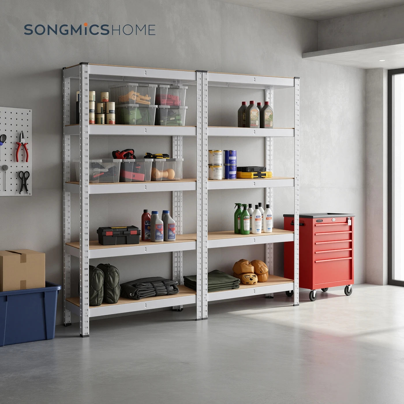 Joyfurnos Aufbewahrungsregal, 2er-Set – Silber – 5 Einlegeböden pro Regal – 650 kg pro Regal – Montage ohne Schrauben – 75 x 30 x 150 cm