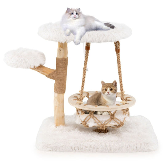 Coast Kratzbaum für Katzen – Massivholz mit Hängekorb und Sisal – Natur und Weiß – 64 x 44 x 66 cm