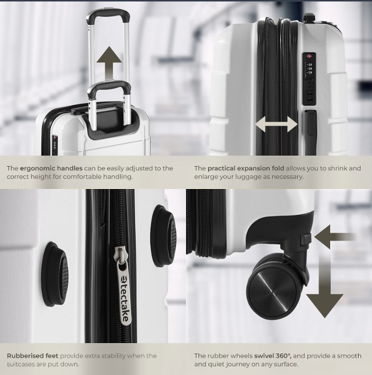 tectake Brice Kofferset, 3-teilig – L, M & S – ABS – 360°-Rollen – TSA-Schloss – Weiß