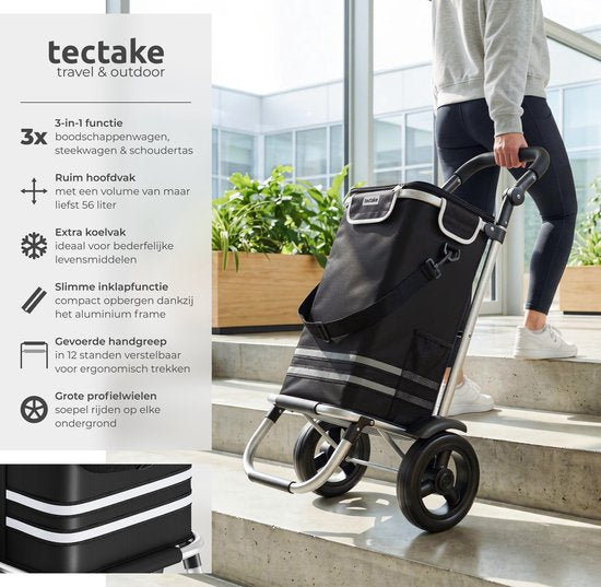 tectake® 3-in-1-Einkaufswagen mit Kühlfach – zusammenklappbar – 56 l Fassungsvermögen – Einkaufswagen – Einkaufstrolley - Auch als Sackkarre und Einkaufstasche verwendbar – Mit Schlüsselanhänger und Einkaufswagenmünze – Schwarz