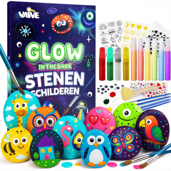 Vaive Steinmalerei 61-teilig - Glow in the Dark Happy Stones - Basteln - Bastelpackung für Mädchen & Jungen - Bastelpackungen