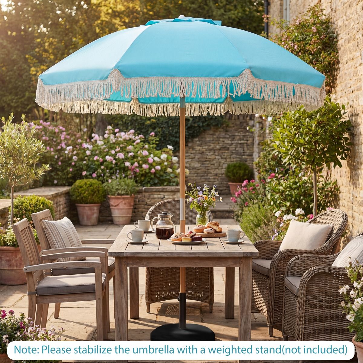 Coast Gartenschirm mit Fransen – Strandschirm aus Holz – verstellbarer Neigungswinkel – blau