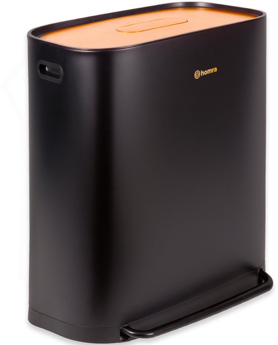 Homra Rockx Mülleimer 60 Liter – Duo-Treteimer 2×30 l mit Geruchsfilter – Edelstahl-Mülltrennbehälter mit 2 Fächern – Recycling-Mülleimer – Küchenmülleimer – Mülleimer zur Mülltrennung – Doppel-Mülleimer in Schwarz und Kupfer