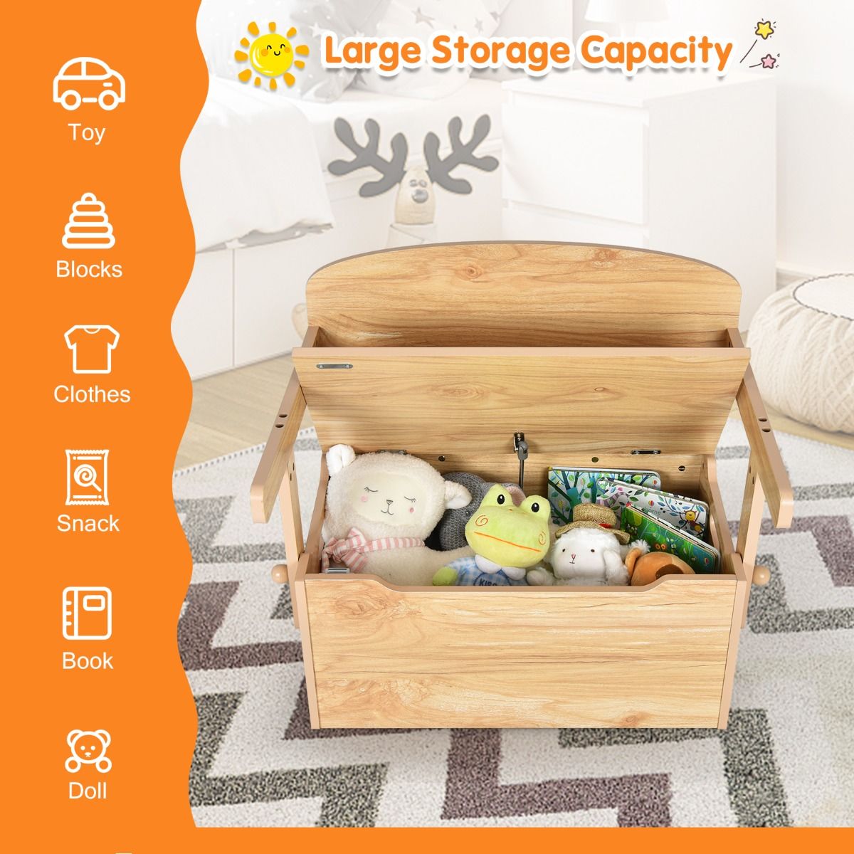 3-in-1-Kinderspieltisch mit Bank und Aufbewahrungsbox – 60 x 56,5 x 43,5 cm – Naturfarben