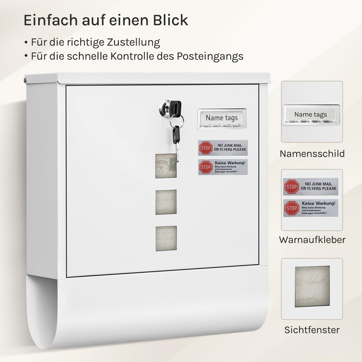 Woltu Wandbriefkasten – 10 × 30,8 × 33,8 cm – Zeitungsfach – Namensschild – Weiß