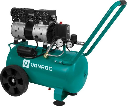 VONROC PRO Silent Compressor - Ölfrei - 750W - 1HP - 128 l/min - 24 Liter - 8 Bar - 57,5dB(A) - Geräuscharm - Grün