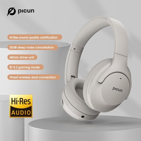 PICUN ANC-05L - Kabellose Over-Ear-Kopfhörer mit aktiver Geräuschunterdrückung - Hi-Res Sound - Bluetooth-Kopfhörer - Grau