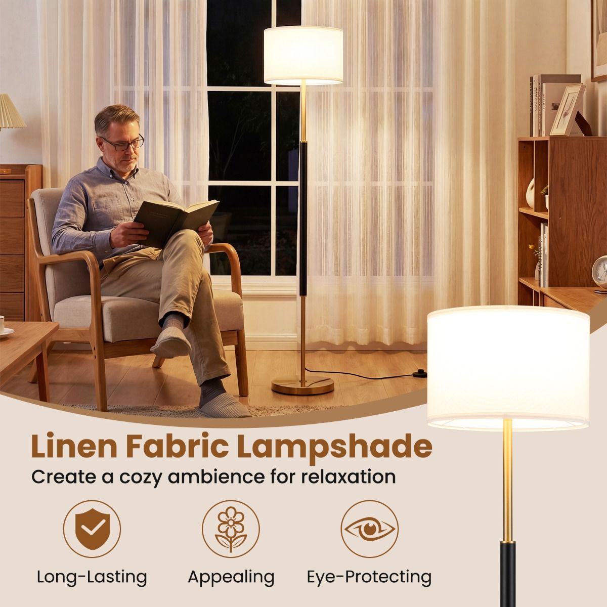 Coast Stehlampe – Lampenschirm aus Leinen – Fußschalter – schwarz – 165 cm