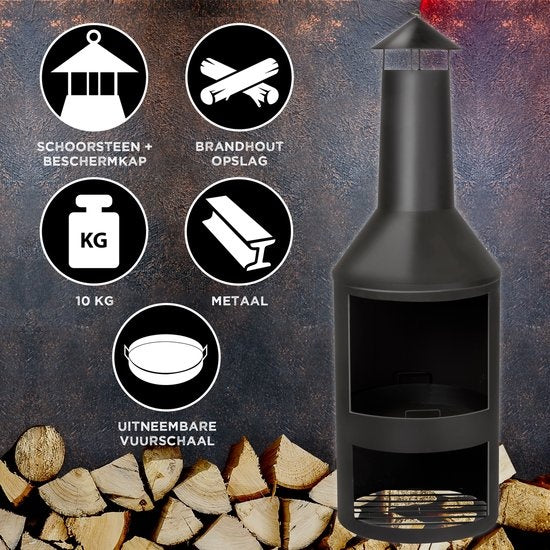 BBQ Collection Außenkamin - Outdoor-Ofen - mit Schornstein - 134 x 44,5 x 44,5 cm - mit Aschefänger, Schürhaken und Holzlager - Carbonstahl - Schwarz