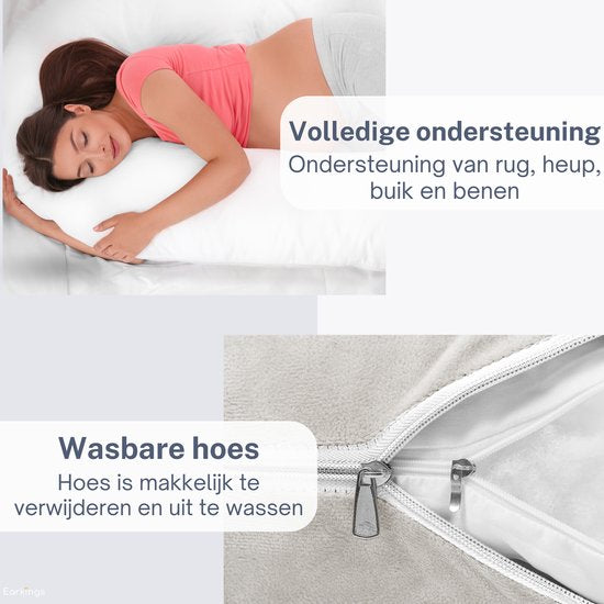 Earkings Schwangerschafts-Schlafkissen 140x80cm U-Form mit abnehmbarem Bezug - Body Pillow hellgrau