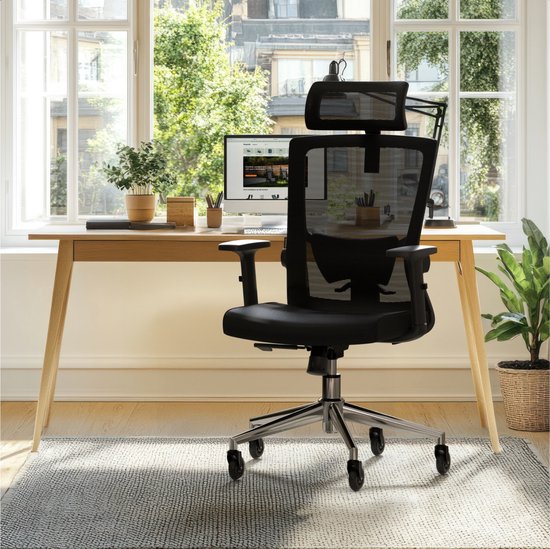 LifeGoods Ergonomischer Bürostuhl - mit extra Anti-Kratz-Rädern - Bürostuhl - NEN und SGS zertifiziert - Erwachsene - Kopfstütze - Schwarz/Chrom
