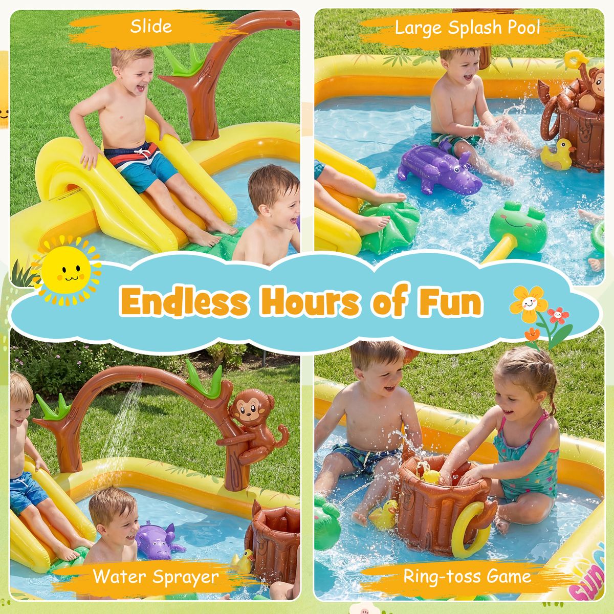 Coast Aufblasbares Spielzentrum „Dschungelabenteuer“ – Rutsche und Wassersprinkler – Für Kinder von 2 bis 6 Jahren – Mehrfarbig