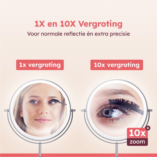 Fraay® XL Make-up-Spiegel mit LED-Beleuchtung - 10-fache Vergrößerung - Vergrößerungsspiegel mit Licht - wiederaufladbar - Rasierspiegel - Badezimmerspiegel - Chrom