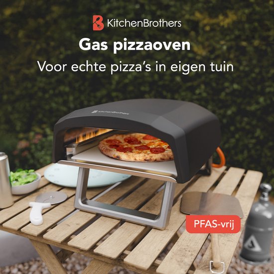 KitchenBrothers Pizzaofen - Gas - Tischplatte - faltbar - Pizzastein - Doppelbrenner - Outdoor-Pizzaofen - schwarz/grau - Vatertagsgeschenk