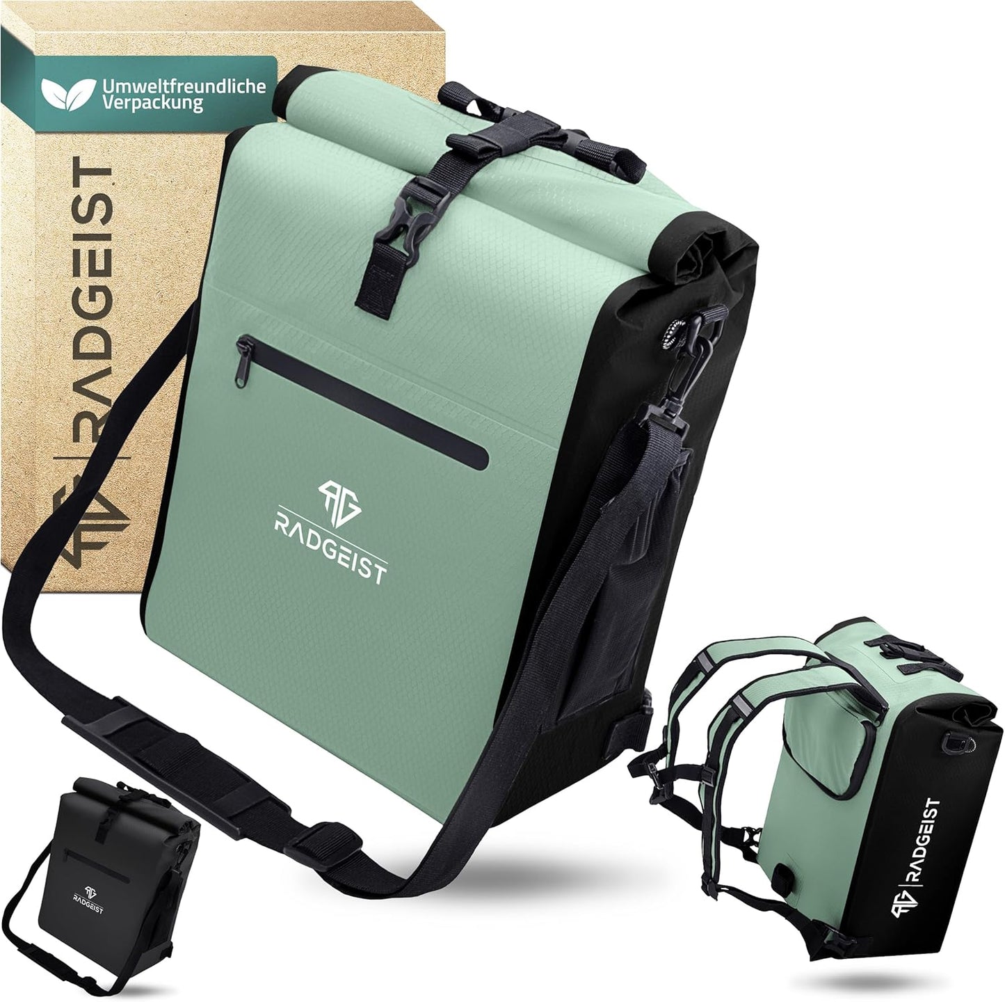 RADGEIST 3in1 Fahrradtasche - Fahrradrucksack - Tragetasche - Umhängetasche - mit Laptopfach - wasserdicht - 25L - Mint