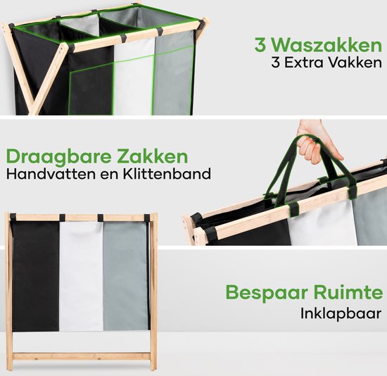 Happy Goods Wäschekorb 3 Fächer - Wäschesortierer - 120 L - Wäschekörbe - Faltbarer Wäschekorb - 3x Wäschesack - Wäschekorb - Wäschebox - Faltbarer Wäschekorb - Wäschesäcke