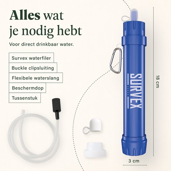 SURVEX Personal Water Filter Straw XL 4000L - Einzigartiger KDF-55 Filter - Wasserfilter Survival & Outdoor - BPA-frei - Notfallset für Zuhause - Komplettset Wasserreiniger - Trinkflasche Wasserreinigung Outdoor - Survival Kit - Blau