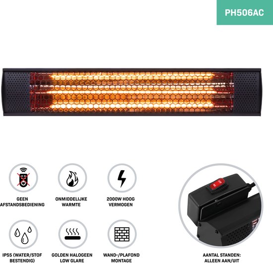 VONROC Terrassenheizer - Wasserdicht & Blendarm - 2000 W - 57 x 11 x 11,4 cm - Schwarz