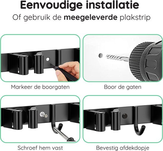 Volcan Besenhalter – Aufhängesystem für Besen und Gartengeräte – 9 Halterungen, 10 Haken – Selbstklebendes 3M-Klebeband – Werkzeughalter – Edelstahl, schwarz