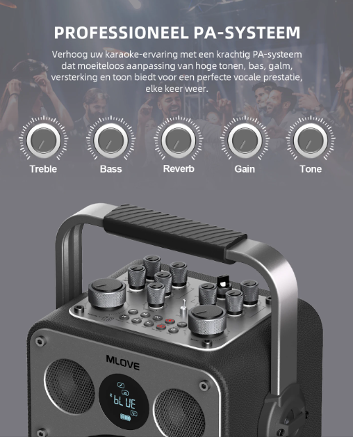 MLOVE D5 Karaoke-Anlage – 200 W – 2 drahtlose Mikrofone – Bluetooth – Schwarz