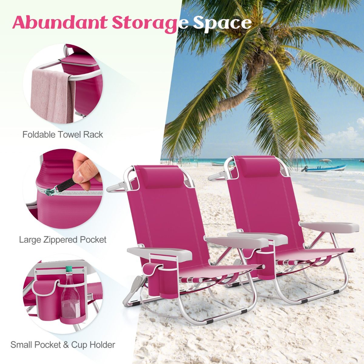 Coast Beach Chair Verstellbare Rückenlehne 5-Positionen faltbare Liege mit Becherhalter und Staufächern Rosa 66x65x78 cm - 2 Stück