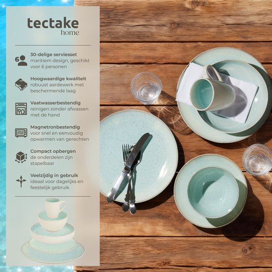 tectake® Geschirrset Mare – 30-teilig – Steingut mit glänzender Glasur - Für 6 Personen - Handgefertigtes Geschirr - Modernes Geschirrset mit großen und kleinen Tellern, Schüsseln, Schälchen und Tassen - Spülmaschinen- und mikrowellengeeignet - Münze