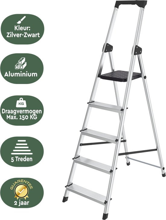 BRASQ Haushaltsleiter 5-stufig Silber - Küchenleiter Zusammenklappbar Aluminium für den privaten und professionellen Gebrauch - Leiter - Rutschfest
