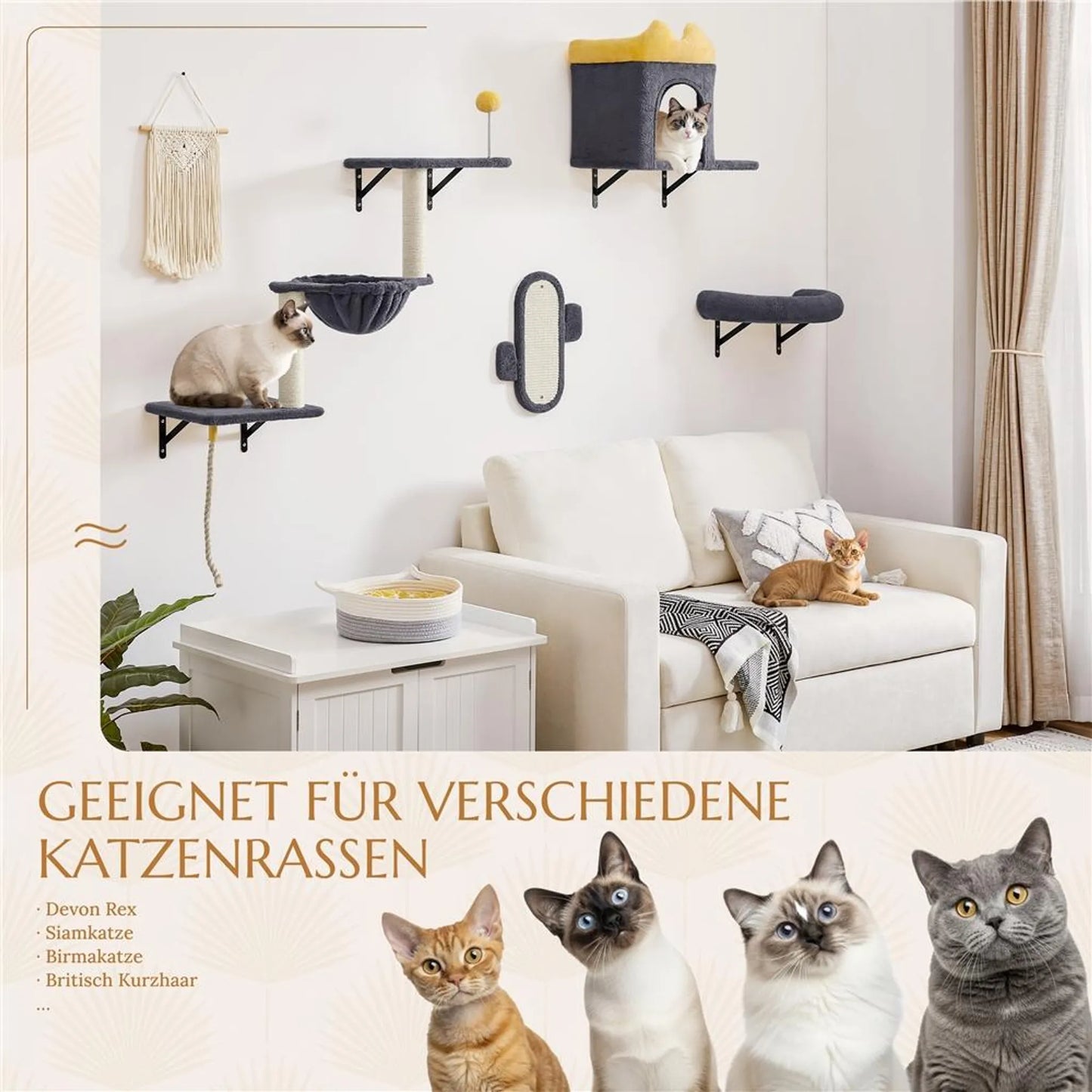 Yaheetech Wandmontiertes Katzenmöbel-Set - 49 x 30 x 40 cm - ausgestattet mit Katzenhöhle und Liegekorb und Sisalkratzpfosten und mehreren Plattformen - für 1-5 Katzen - dunkelgrauer Plüsch und Metall