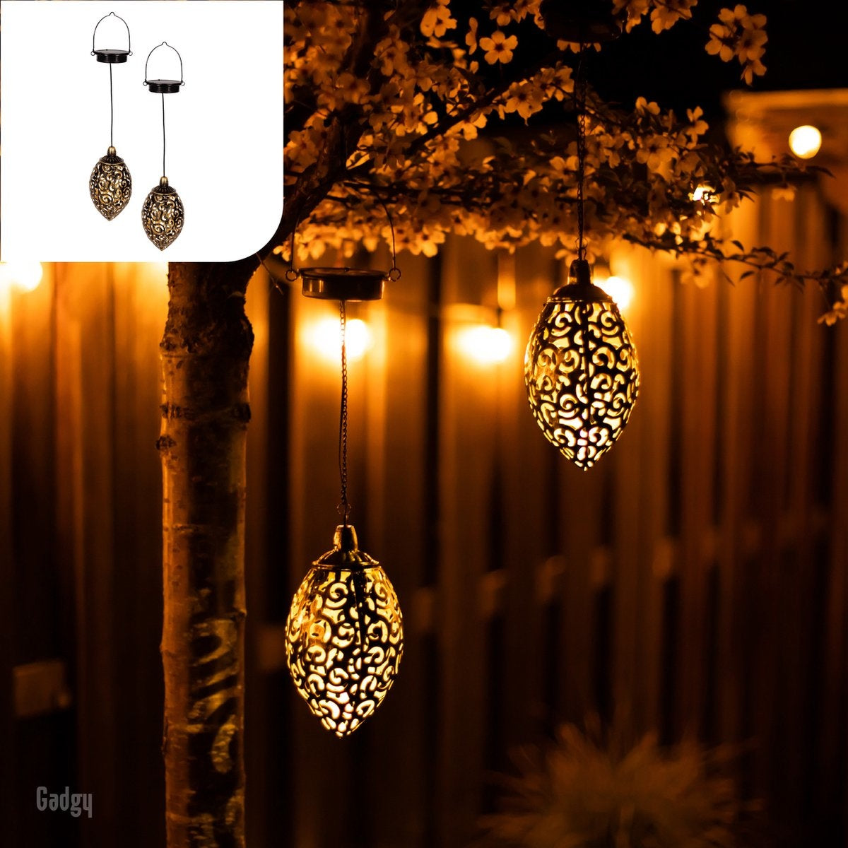 Gadgy Solar hängende orientalische Laterne Set 2pcs. - Bronze - Metall - Solar Gartenbeleuchtung - Led Außenbeleuchtung mit Tag/Nacht-Sensor - Gartenlaterne