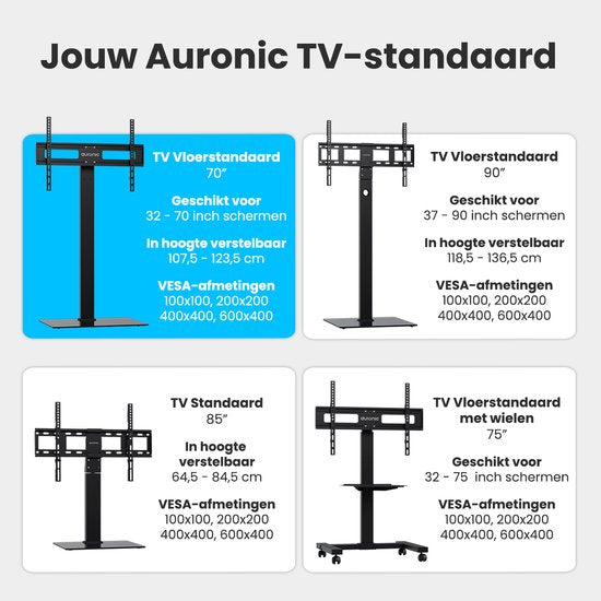 Auronic TV-Ständer, fahrbar, für Fernseher von 32 bis 75 Zoll – TV-Ständer auf Rädern – universell einsetzbar – höhenverstellbar – drehbar – neigbar – für 55", 65" und mehr – schwarz