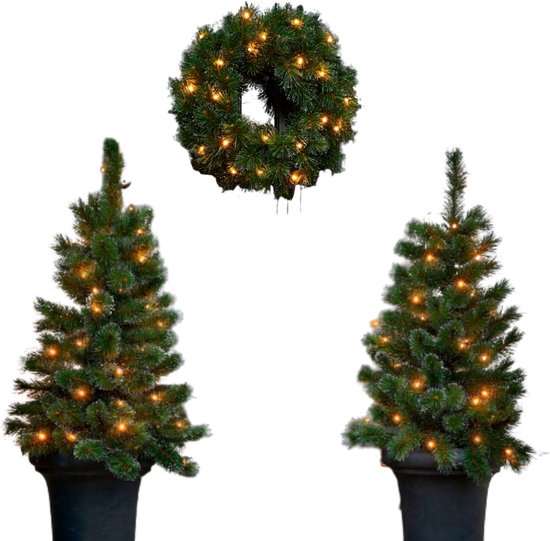 Black Box Trees Glendon Set aus 2 Weihnachtsbäumen und 1 Kranz mit LED-Lichtern - Grün