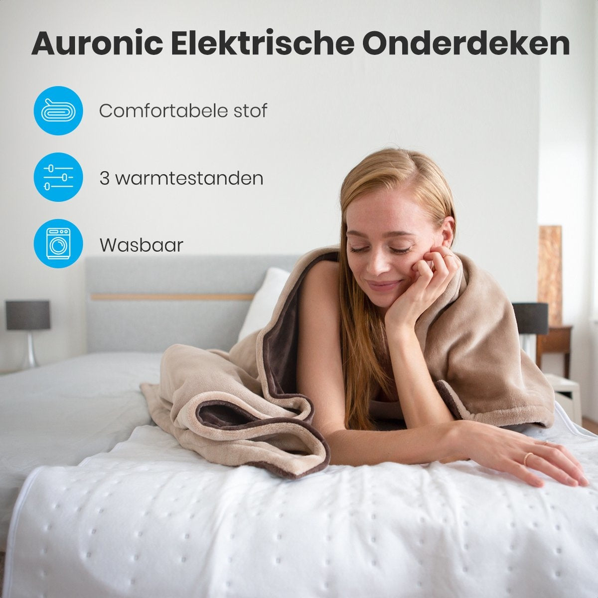 Auronic Elektrische Heizdecke - 1 Person - 150x80cm - mit Eckgummis - Weiß