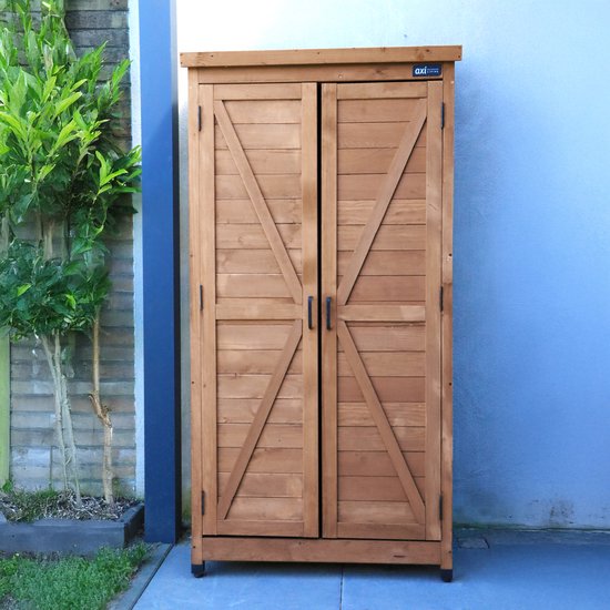 AXI Hugo Aufbewahrungsschrank aus Holz, Farbe „Coffee Brown“ – Gartenschrank mit verzinktem Dach – 3 Einlegeböden und Bodenplatte – FSC-zertifiziertes Holz – Magnetverschluss – 85 x 52 x 174 cm