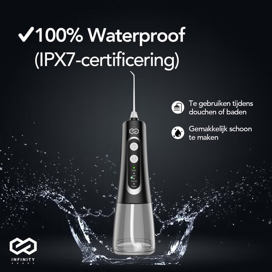 Infinity Goods Water Flosser - Oral Washer - Elektrische Zahnseide - Schnurlos und wiederaufladbar - 5 Aufsätze - Schwarz