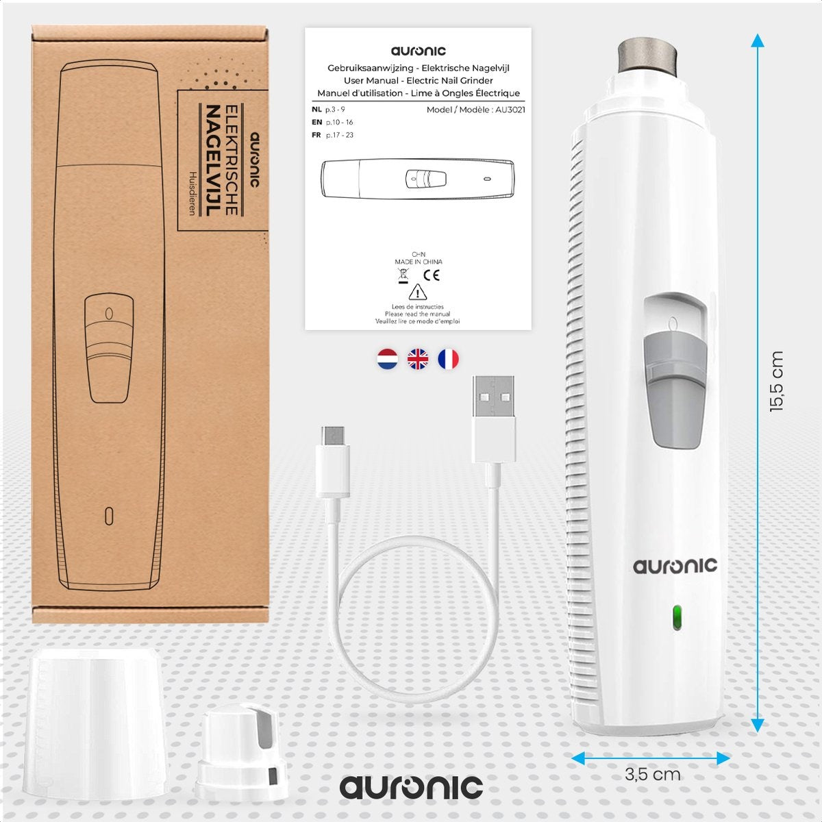 Auronic Elektrische Nagelfeile - für Tiere - wiederaufladbar - kabellos - Diamantfeilenkopf - Hund/Katze - weiß