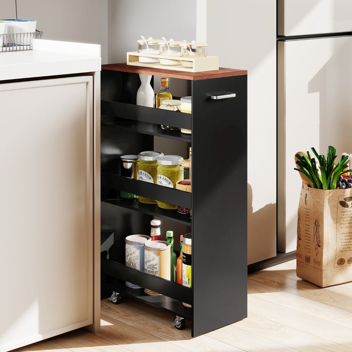 Coast schmaler Küchenwagen – 4-stöckiger Aufbewahrungswagen auf Rädern, 47,5 x 25 x 80,5 cm – Schwarz/Braun