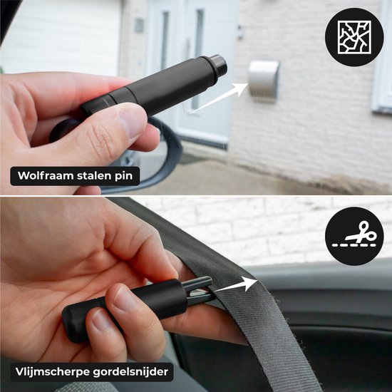 Nuvance Sicherheitshammer – Nothammer – inkl. selbstklebender Halterung und Testglas – Gurtschneider – Auto-Hammer – Sicher unterwegs – Schwarz