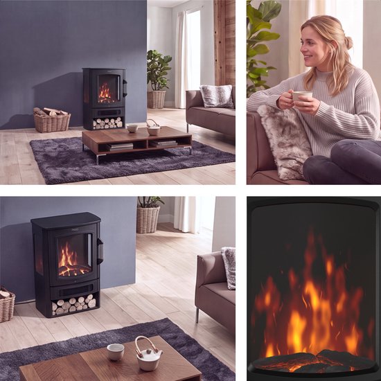 MOA Elektrischer Dekokamin – mit App – Kamin mit Heizfunktion – 2000 W – freistehender Kamin – offener Kamin – realistische LED-Kaminbeleuchtung – schwarz
