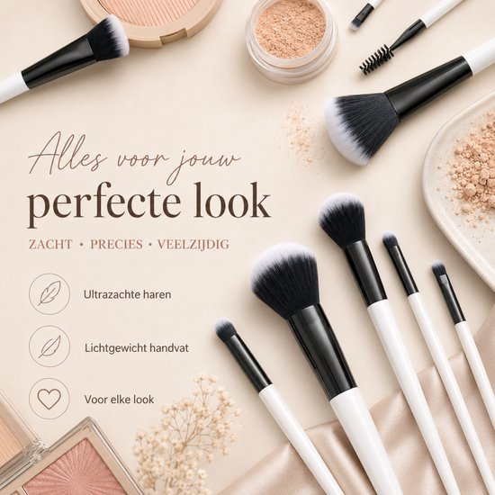 Vaive Make-up-Pinsel-Set, 15-teilig – vegane Pinsel – Pinsel für Foundation, Lidschatten, Rouge, Kabuki und Bronzer – mit Etui – Weiß