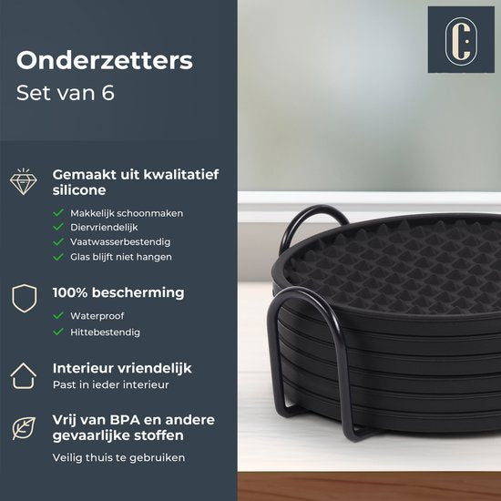 Castagnola Silikon-Untersetzer - Untersetzer für Gläser - Design-Untersetzer mit Halter - Untersetzer-Set - Anti-Rutsch - 6er-Set - Schwarz