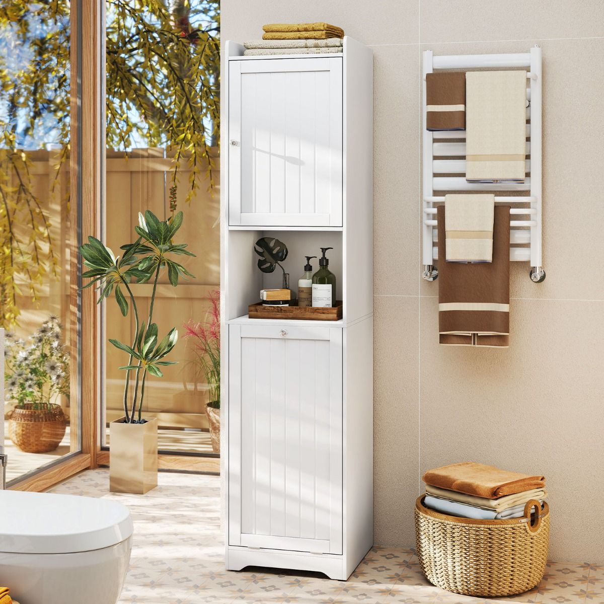 Coast Badezimmerschrank mit Wäschebeutel – hoher, schmaler Aufbewahrungsschrank – verstellbares Regal – weiß, 170 cm