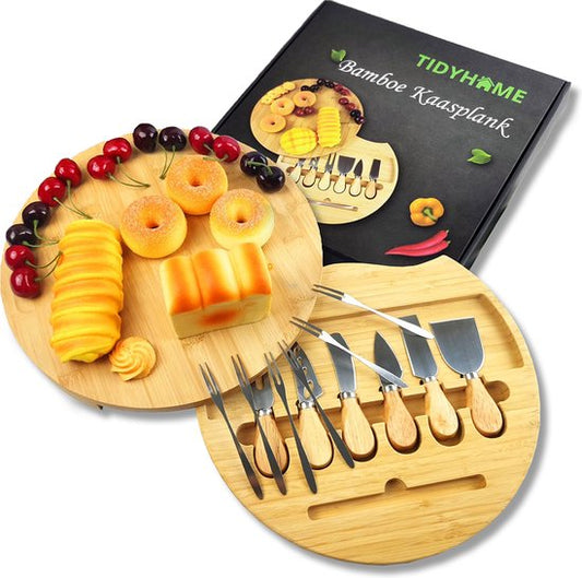 TidyHome® Trinkbrett - Käsebrett - Bambus - Holz - Ø 33cm - Tapasbrett rund - Käsebrett mit Messern - Komplett-Set mit 6 Käsemessern - Servierbrett